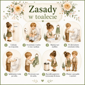 Zasady w toalecie dla dzieci – plansze edukacyjne do druku PDF